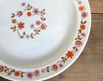 Set of 15 vintage plates with orange and pink floral decoration, antique French white ceramic tableware, 23cm