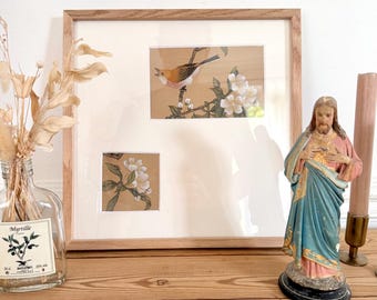 Vintage framed double-opening painting with naturalist illustrations of a bird and flowers, 32x32 cm