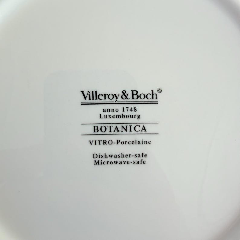 May include: Close-up of a white porcelain plate with the text "Villeroy & Boch" and "BOTANICA". Additional text includes "anno 1748 Luxembourg", "VITRO-Porcelaine", "Dishwasher-safe", and "Microwave-safe".