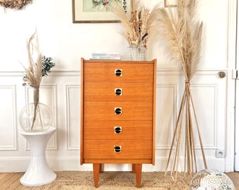 Cómoda de madera vintage de mediados de siglo – Cómoda de 5 cajones estilo escandinavo