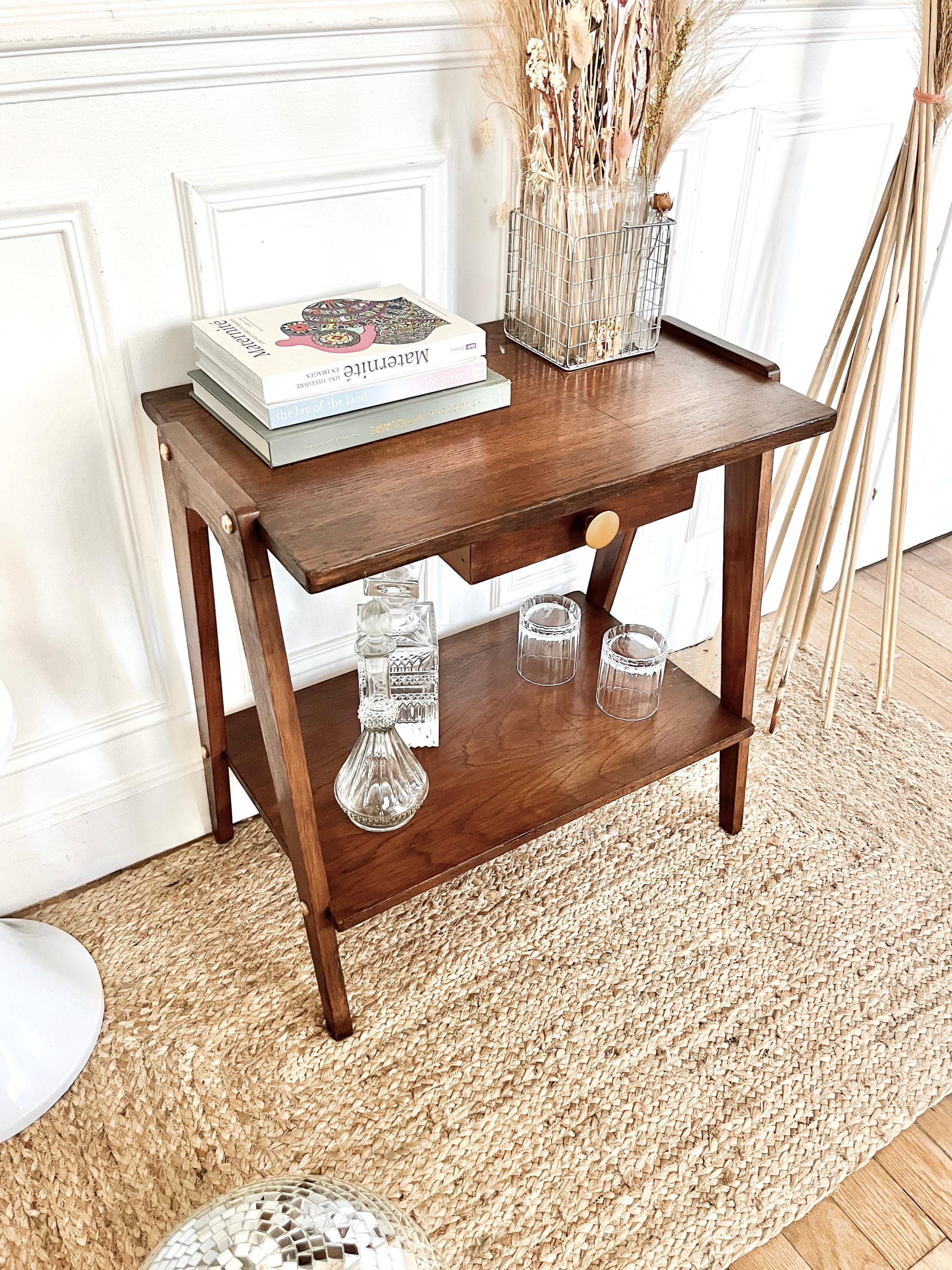 Table D'appoint Ancienne En Bois - 1 Tiroir, Tablette Basse, Style Sobre Et Élégant, Vintage Français, Chevet Console Entrée