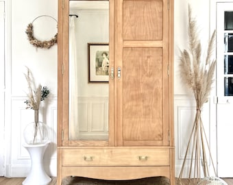 Armario antiguo de estilo Art Nouveau en madera clara natural – Armario de 1905 con espejo y cajón inferior