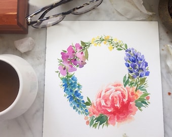 Flower Wreath Painting, Original Watercolor Flower Painting, Floral Artwork, Floral Wreath, Flower Wall Decor, Gardener Gift