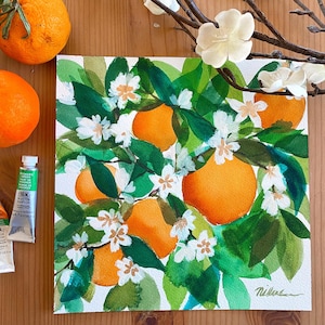 Orange Tree Painting; Watercolor Orange Tree; Original Art; Orange Blossoms; Fruit Tree Art; Citrus Art; Kitchen Art; Watercolor Fruit