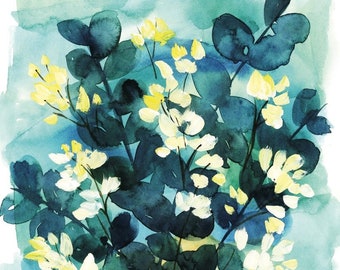 Watercolor Botanical Print, Floral Art Print, Watercolor Flowers, Watercolor Florals, Floral Print on Paper, Teal Art Print, Aqua Painting