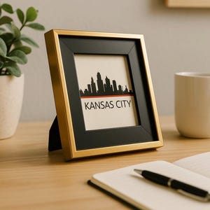 Kansas City Skyline Art Print in Gold Frame – Modern Minimalist Desk Decor