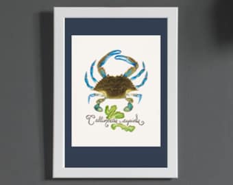 Blue Crab Watercolor Print, Minimalist Coastal Decor