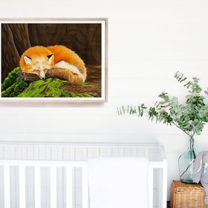 Red Fox Watercolor Painting Summer Forest Animal Art Sleeping Fox Cute Fairytale Decor Woodland Animal Theme Nursery Trees Moss Woods Nature