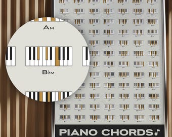 May include: A framed poster titled "PIANO CHORDS" with a silver frame. The poster displays various piano chord diagrams in a grid pattern. A circular diagram shows piano keys with the text "AM" and "B♭m". The background is a textured, vertical wood panel.