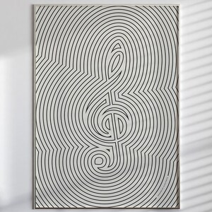 May include: A rectangular wall art print featuring a black and white line art design. The artwork displays a series of concentric, wavy black lines that form the shape of a treble clef symbol centered within a white rectangular frame.