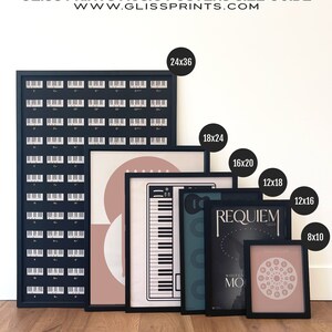 May include: A size guide for music posters, showing different sizes of framed posters with various designs. The sizes are 24x36, 18x24, 16x20, 12x18, 12x16, and 8x10 inches.