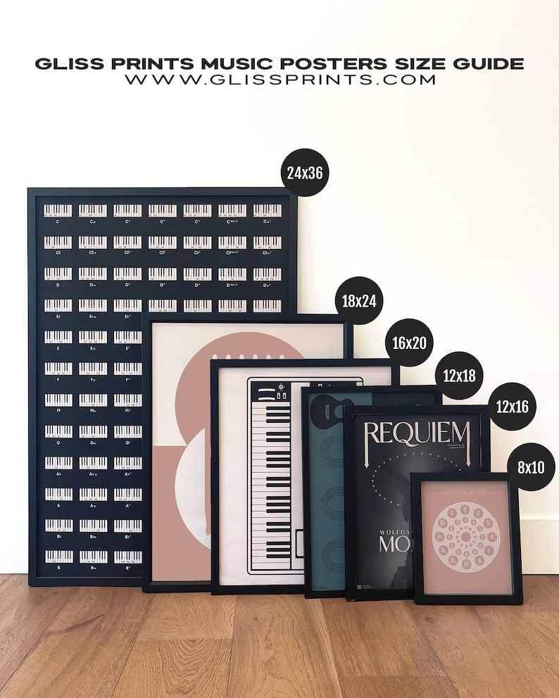 May include: A size guide for music posters, showing different sizes of framed posters with various designs. The sizes are 24x36, 18x24, 16x20, 12x18, 12x16, and 8x10 inches.