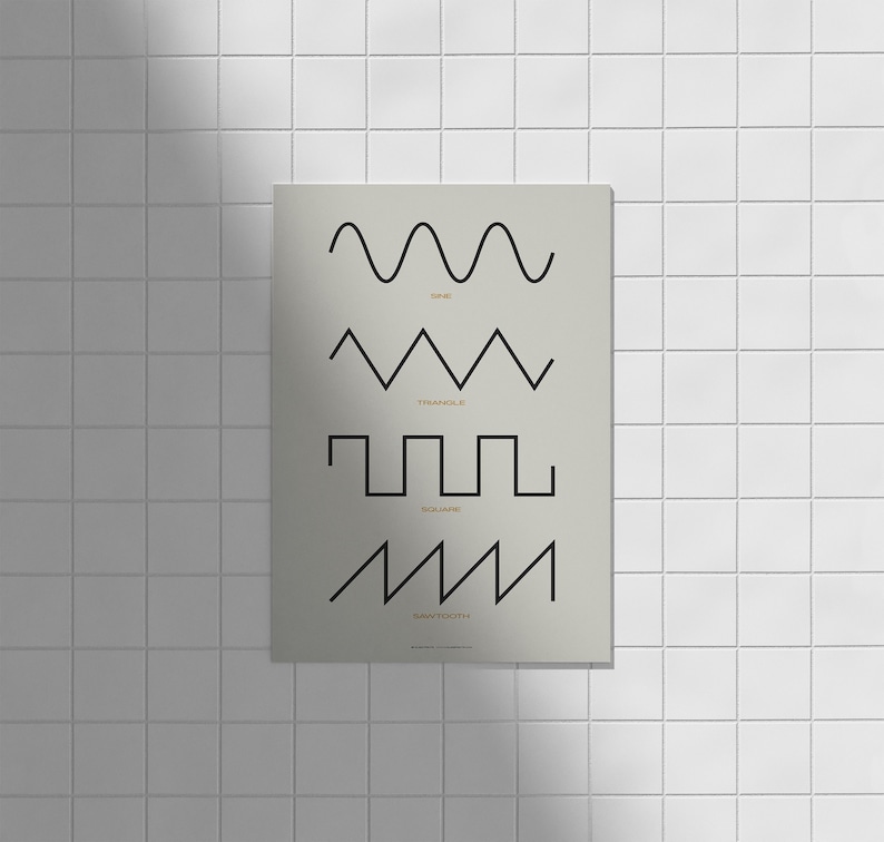 May include: A beige poster with black line drawings of four different waveforms: sine, triangle, square, and sawtooth. Each waveform is labeled with its name in a small, gold font.
