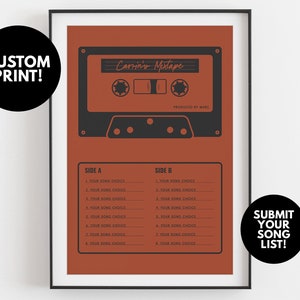 Custom Mixtape Poster | Gift for Music Lover | Retro Cassette Tape Print, Red
