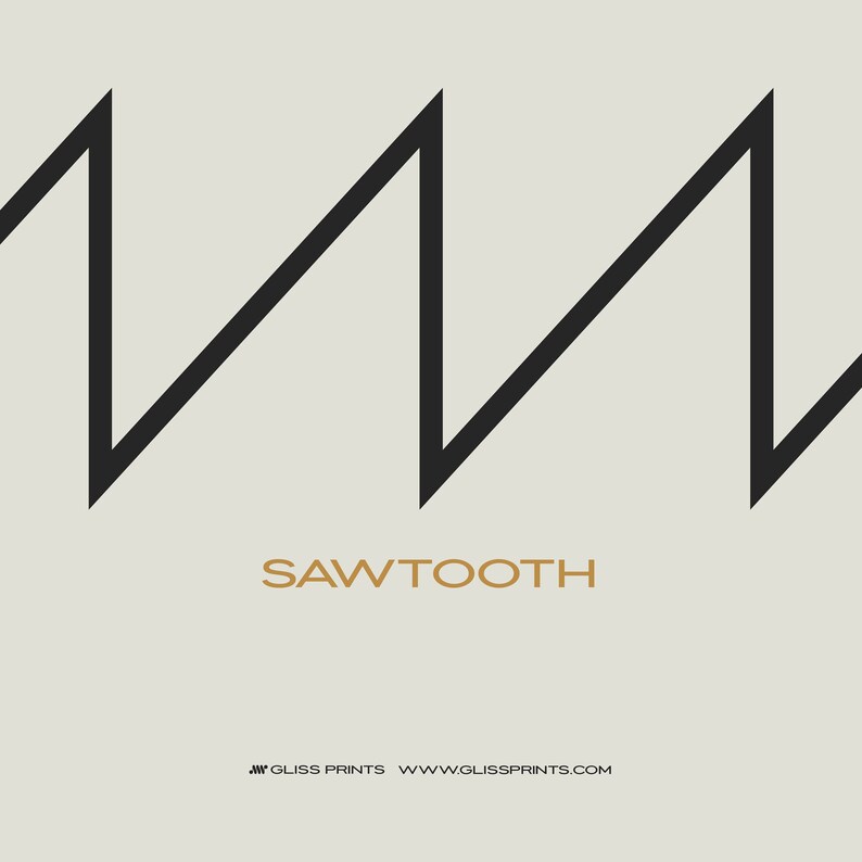 May include: A black and white graphic design of a sawtooth pattern. The text "SAWTOOTH" is written in gold below the pattern. The text "GLISS PRINTS WWW.GLISSPRINTS.COM" is written in gold at the bottom of the image.