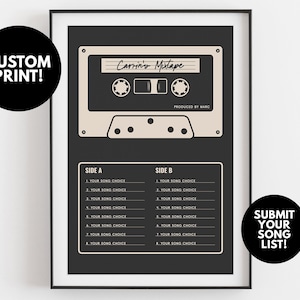 Custom Mixtape Poster | Gift for Music Lover | Retro Cassette Tape Print, Black
