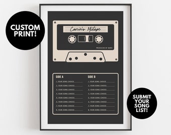 Custom Mixtape Poster | Gift for Music Lover | Retro Cassette Tape Print, Black