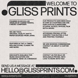 May include: A black and white graphic design with the text "Welcome to Gliss Prints" in large, bold letters. The graphic also includes information about the company, including its founding, products, and services. The text "Send us a message at hello@glissprints.com" is at the bottom of the graphic.