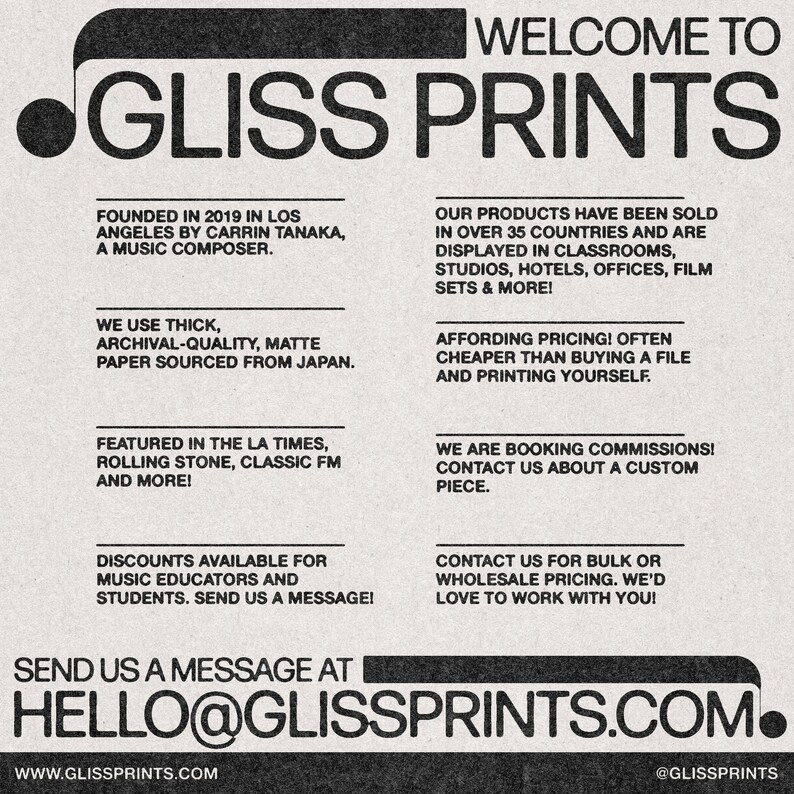 May include: A black and white graphic design with the text "Welcome to Gliss Prints" in large, bold letters. The graphic also includes information about the company, including its founding, products, and services. The text "Send us a message at hello@glissprints.com" is at the bottom of the graphic.