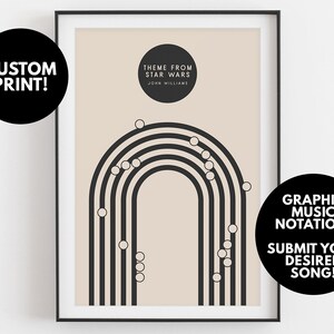 May include: Framed print featuring graphic music notation of "Theme From Star Wars" by John Williams. The artwork includes black arched lines and circles on a beige background. Text on the print reads "CUSTOM PRINT!" and "GRAPHIC MUSIC NOTATION! SUBMIT YOUR DESIRED SONG!"