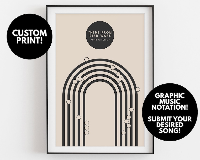 May include: Framed print featuring graphic music notation of "Theme From Star Wars" by John Williams. The artwork includes black arched lines and circles on a beige background. Text on the print reads "CUSTOM PRINT!" and "GRAPHIC MUSIC NOTATION! SUBMIT YOUR DESIRED SONG!"