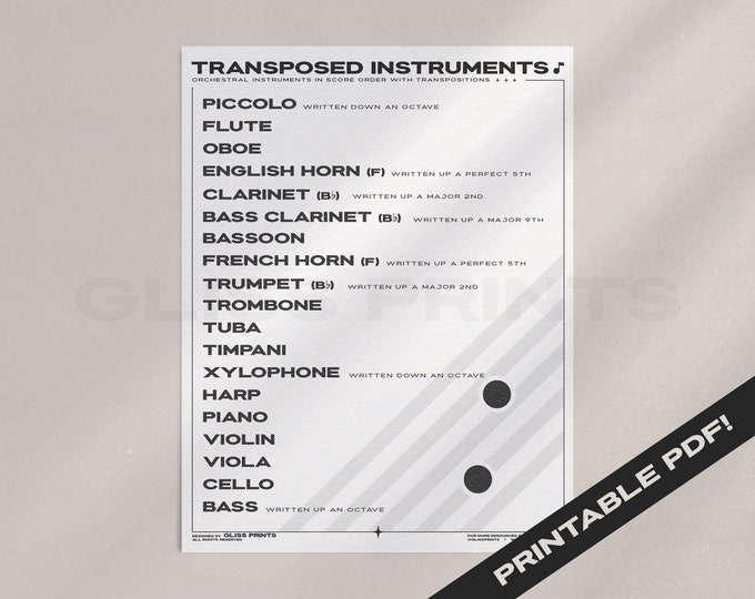 Orchestral Instruments in Score Order With Transpositions Etsy