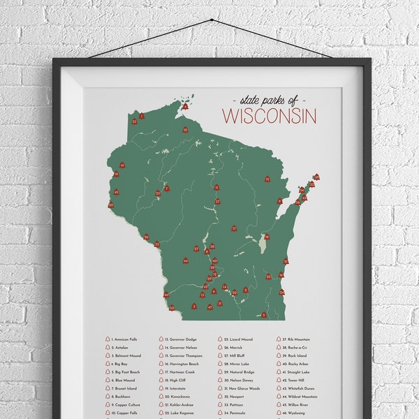 Wisconsin State Parks Illustration Map 12x18 Poster