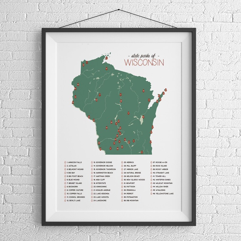 Wisconsin State Parks Illustration Map 12x18 Poster Print Etsy