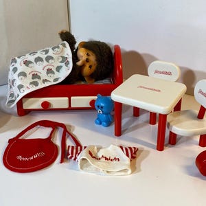 VNTG Monchhichi&#39;s furniture, Monchhichi sucking thumb ,Monkey ,Baby monkey, Plush toy, Sekiguchi, Japanese/Chinese toy, 80s.