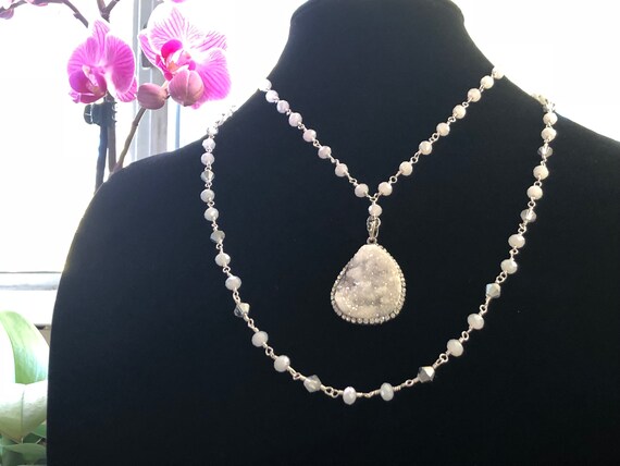 Natural Druzy Quartz necklace , Sterling Silver Pendant Necklace.