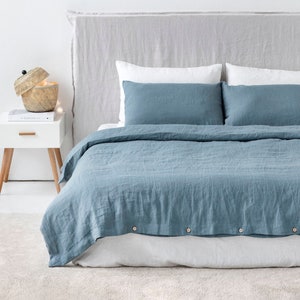 French blue linen bedding set. Linen duvet cover and two linen pillowcases. Washed linen bedding