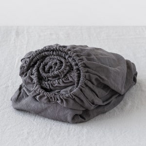 Dark Gray linen fitted sheet. Queen, King stonewashed linen bed sheet. Elastic linen sheet. Linen bedding.