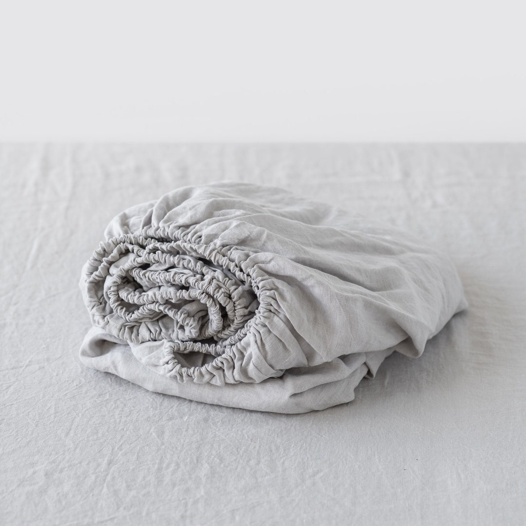 Light Gray Linen Fitted Sheet. Queen, King Stonewashed Linen Bed Sheet