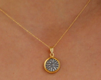 Greek Vergina Sun Gold Coin Necklace, Vergina Sun Gold Disc Necklace, Argead Star, Sterling Silver 925, Macedonian Star Sun Pendant
