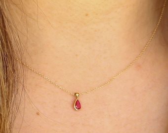 Dainty 9K Gold Teardrop Necklace: Ruby or Emerald Pendant