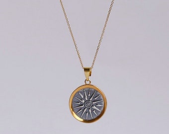 Greek Vergina Sun Gold Coin Necklace 18mm, 925 Sterling Silver , Macedonian Star Sun Pendant