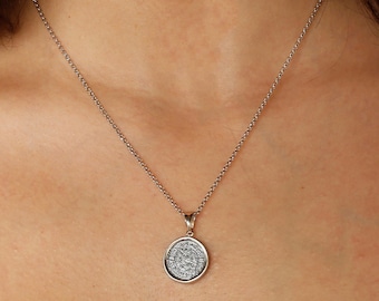 Vintage Greek Phaistos Coin Necklace, Sterling Silver 925 Disc Pendant, Ancient Greek Disc Necklace, Greek Luck Symbol, Gift For Her