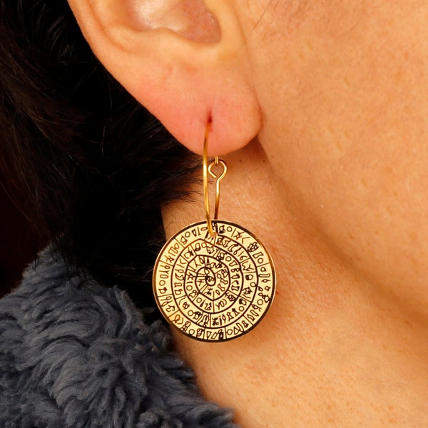 Greek Phaistos Disc Earrings Vintage Style Stainless Steel Ancient Greek Gold Steel Hoops Phaistos Coin Earrings Gift For Her