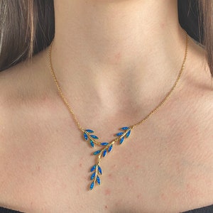 Gold Olive Leaf Necklace: Sterling Silver Branch, Blue Opal Lariat