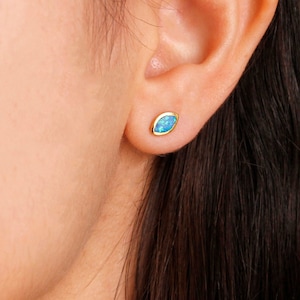 Blue Opal Tiny Modern Greek Stud Earrings, Gold Plated Leaf Earrings, October Birthstone Jewel