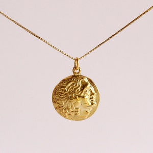 Greek Alexander The Great Gold Coin Necklace, Ancient Greek Gold Disc Necklace, Sterling Silver 925 Gold Plated, Vermeil Alexander Pendant