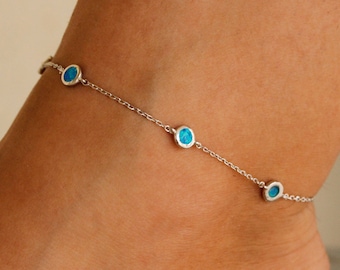 Opal Silver Anklet | Body Jewelry | Chain Anklet | Silver 925 | Opal Stone Anklet | Blue Anklet | Summer Jewels | Beach | Foot Bracelet