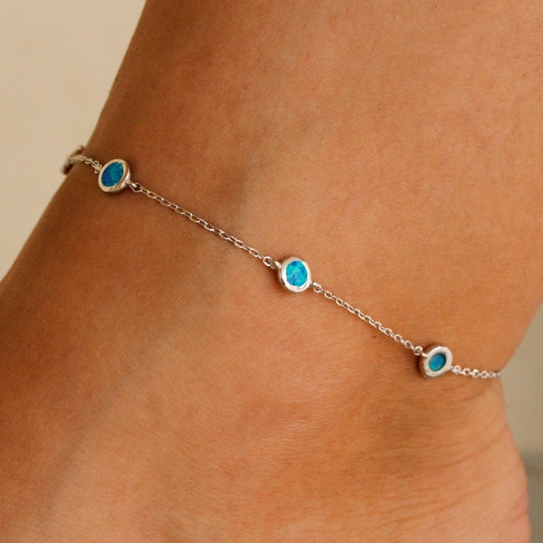 Opal Silber Fußkettchen | Körperschmuck | Ketten-Fußkettchen | Silber 925 | Fußkettchen aus Opalstein | Blaues Fußkettchen | Sommerjuwelen | Strand | Fußarmband