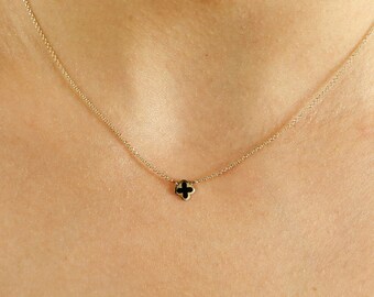 9K Gold Tiny Cross Necklace: Black Enamel Religious Pendant