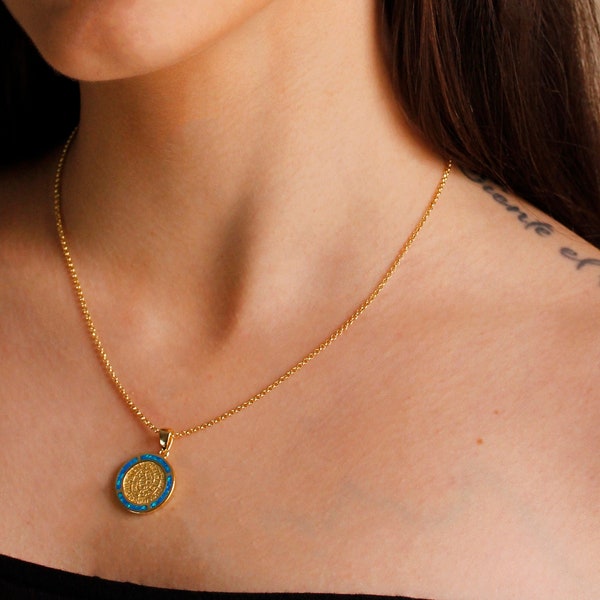 Ancient Greek Blue Opal Phaistos Disc Necklace, Phaistos Gold Coin Necklace, Blue Opal Phaistos Disc Pendant,Sterling Silver 925 Gold Plated