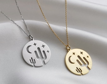 Sterling Silver Cactus Necklace: Crescent Moon Star Desert Coin Pendant