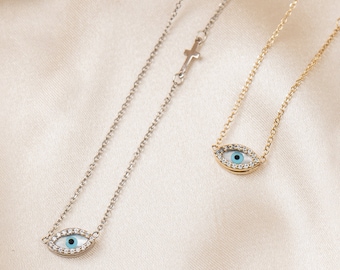 9K Gold Evil Eye & Cross Necklace: Minimalist Greek Protection Pendant