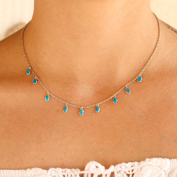Blaue Opal Halskette | Teardrop Anhänger Halskette | Silber 925 | Opal Oval Anhänger | Sommer-Juwelen | Strand Halskette | Blauer Opal Anhänger | Oktober Geschenk