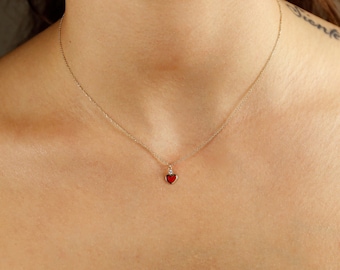 Red Enamel Heart Necklace: 9K Gold Love Pendant