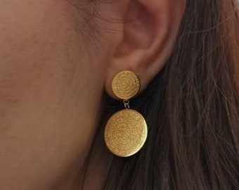 Greek Phaistos Disc Earrings Vintage Style Stainless Steel Ancient Greek Gold Steel Drop Phaistos Coin Earrings Gift for Her
